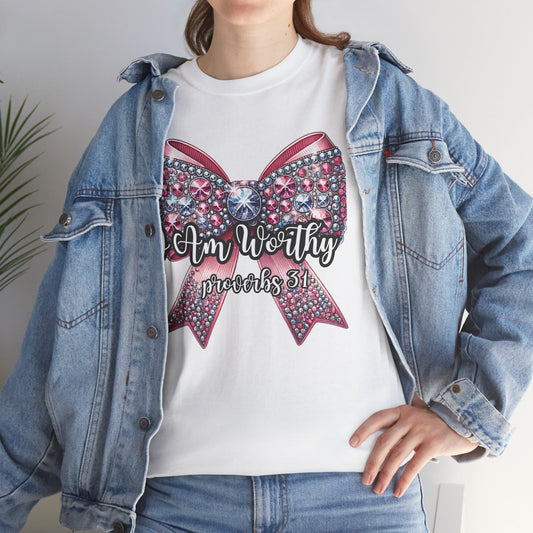 Christian Tee with 'I Am Worthy' Ribbon Bow Design