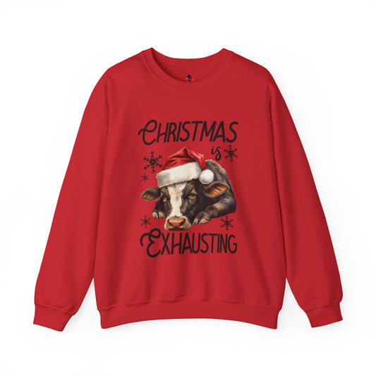 Christmas Is Exhausting Sweatshirt — Cute Santa Cow Holiday Crewneck