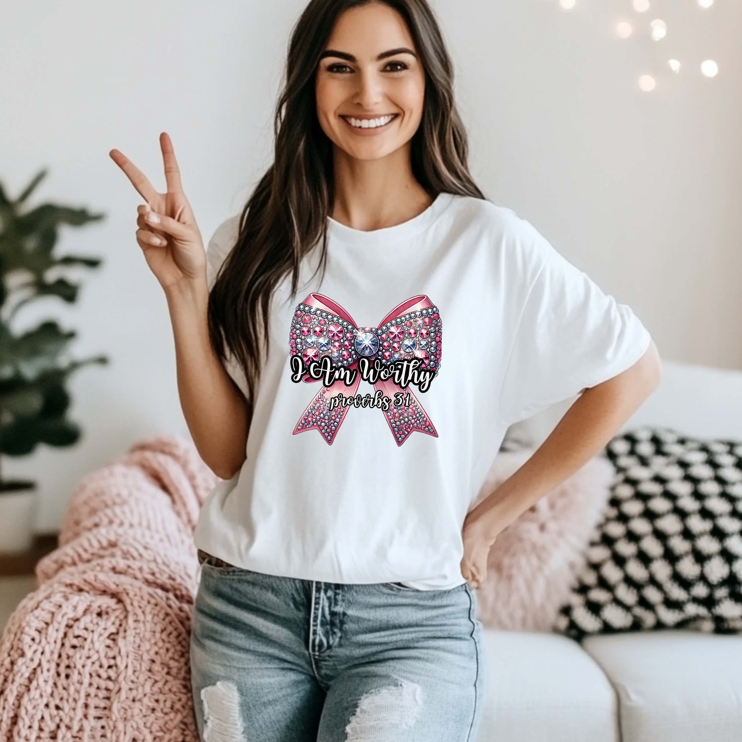 Christian Tee with 'I Am Worthy' Ribbon Bow Design