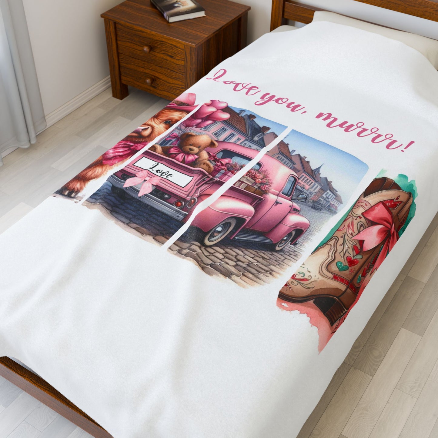 Plush Blanket - Pink Vintage Truck and Baby Highland Cow Design