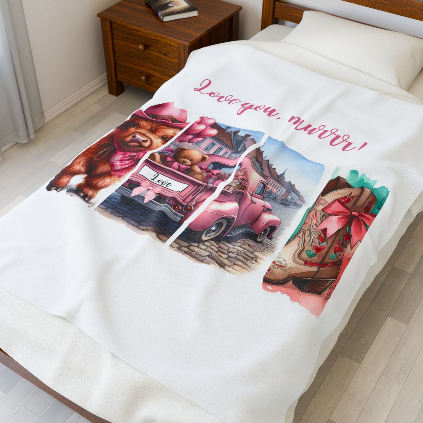 Plush Blanket - Pink Vintage Truck and Baby Highland Cow Design