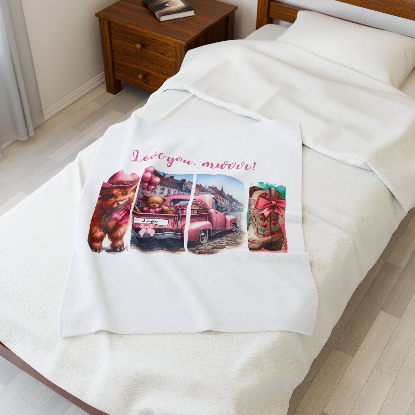 Plush Blanket - Pink Vintage Truck and Baby Highland Cow Design