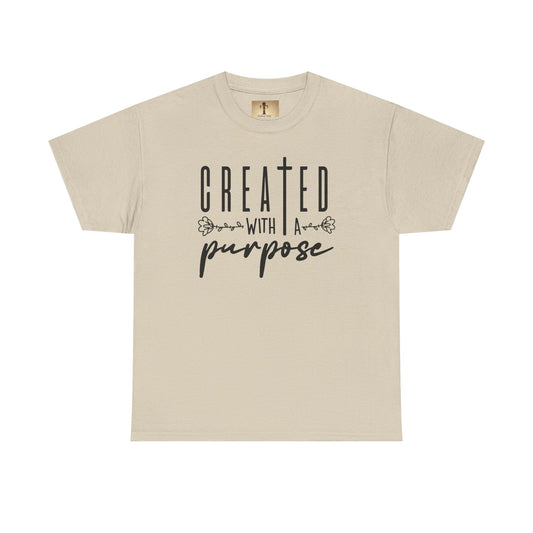 Inspirational Unisex Heavy Cotton Tee - "Created with a Purpose" Shirt, Motivational Gift, Everyday Wear, Faith-Based Apparel, Blessing Tee