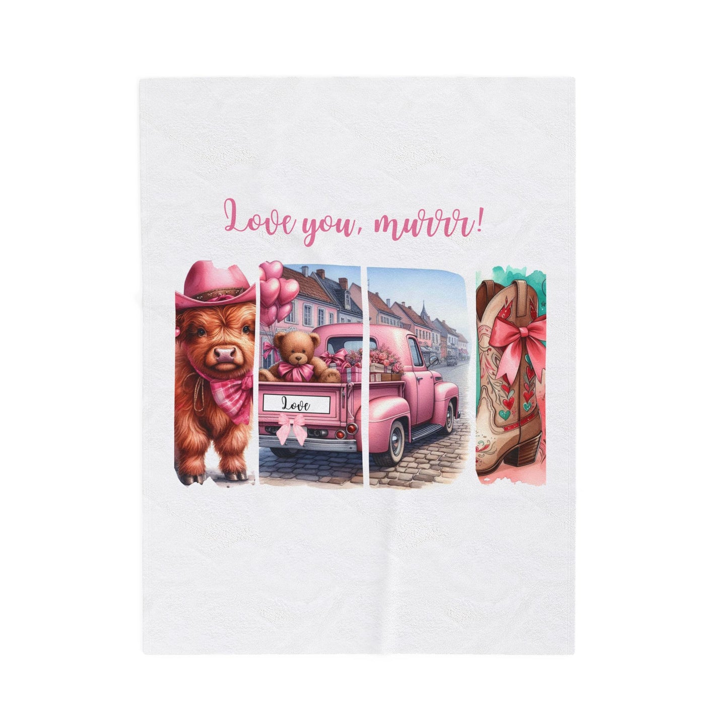 Plush Blanket - Pink Vintage Truck and Baby Highland Cow Design