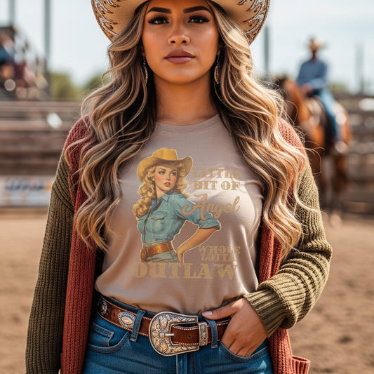 Vintage Western Unisex Tee - Little Bit of Angel Whole Lotta Outlaw Design
