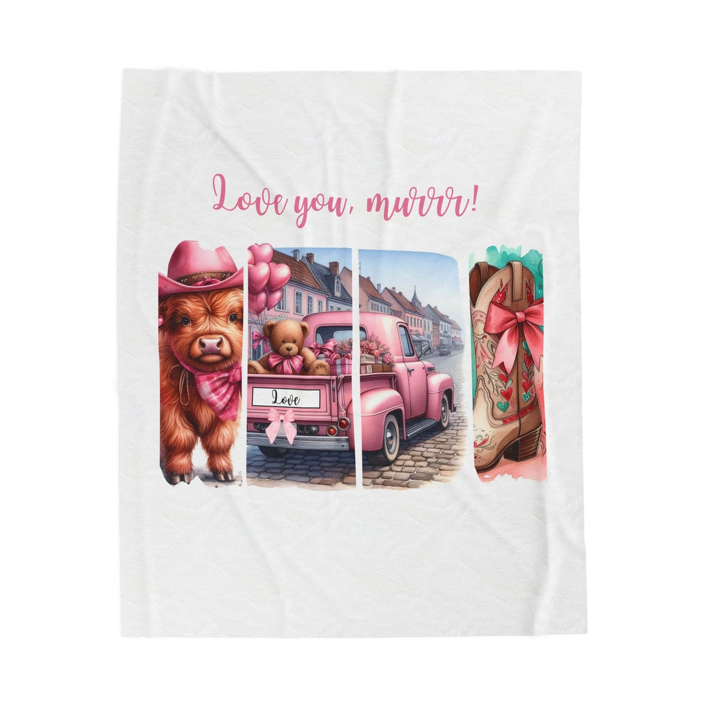 Plush Blanket - Pink Vintage Truck and Baby Highland Cow Design