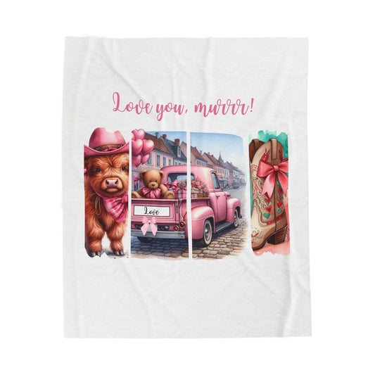 Plush Blanket - Pink Vintage Truck and Baby Highland Cow Design
