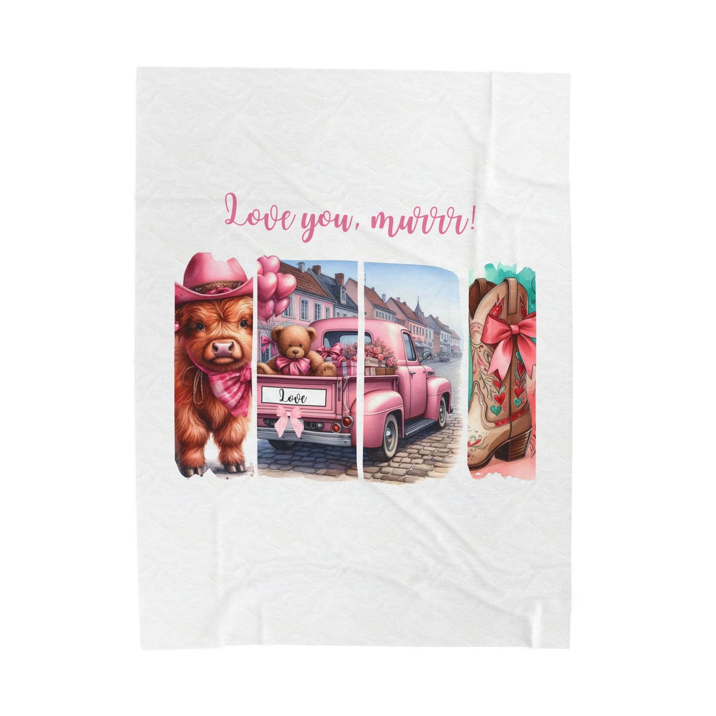 Plush Blanket - Pink Vintage Truck and Baby Highland Cow Design