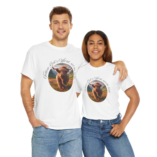 Christian Tee - Follow God's Word, not the herd. Highland cow